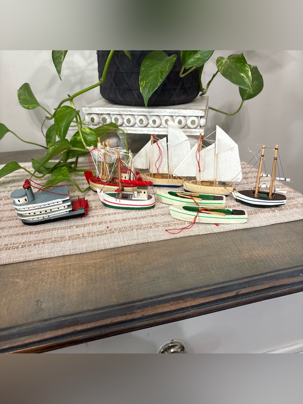 Handcrafted Mini Wooden work/sail Boats & canoe - Red, White, Green set of 8